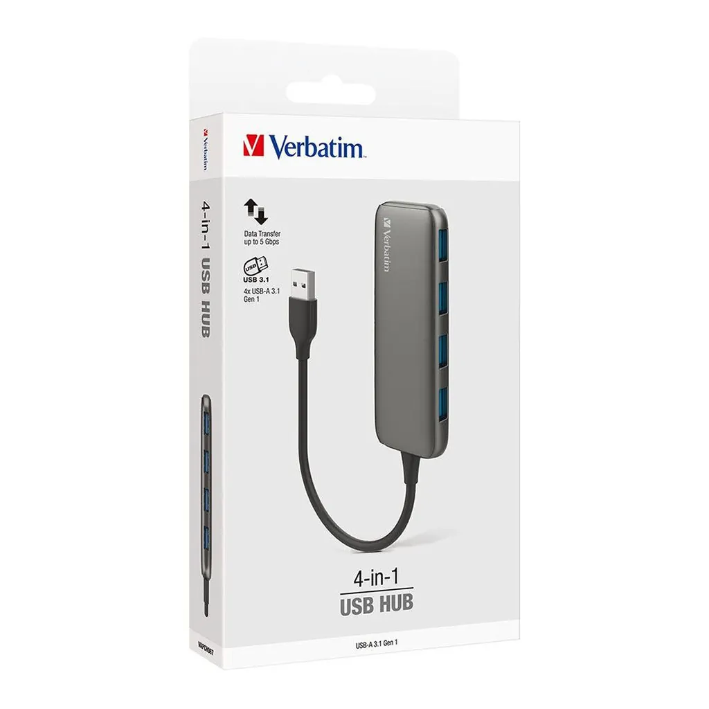 Verbatim USB-A 3.0 Hub to 4 Port USB-A 3.0 - Space Grey