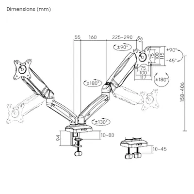Brateck Economy Dual-Screen Spring-Assited Monitor Arm 17"-32" Monitor VESA 