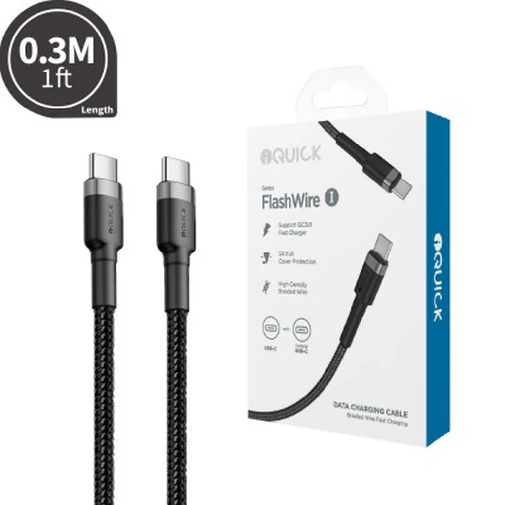 iQuick USB-C to USB-C Charge Cable 0.3m - Black