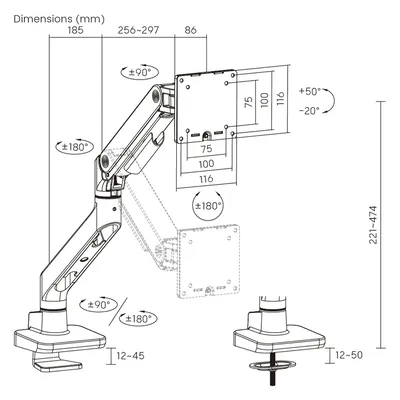 Brateck Noteworthy Heavy-Duty Gas Spring Monitor Arm 17"~49" Monitors